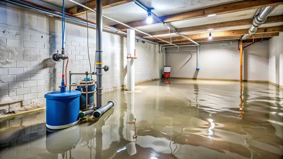Flooded finished basement with water across the floor around a blue tank and the stairs in a Blue Springs, MO home