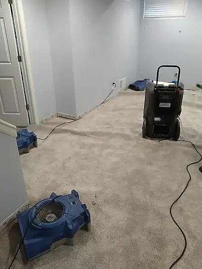 A dehumidifier and an air mover running on carpet in an emptied room during water damage drying in Lee's Summit, MO