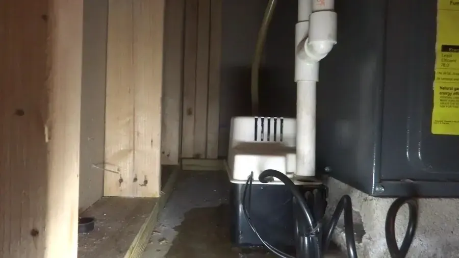 Condensate pump beside a furnace with water on the basement floor of a Blue Springs utility room
