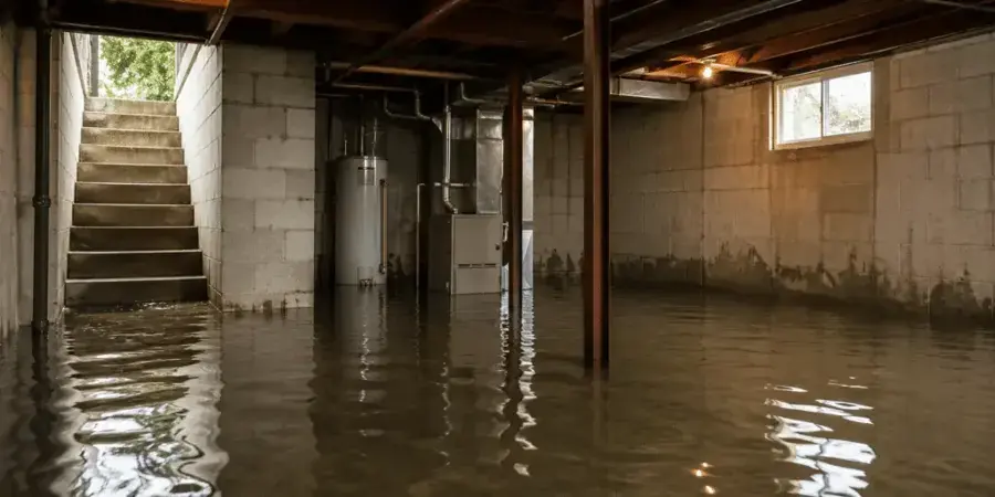 Unfinished basement flooded to the stairs, with the water heater and furnace standing in water in Blue Springs