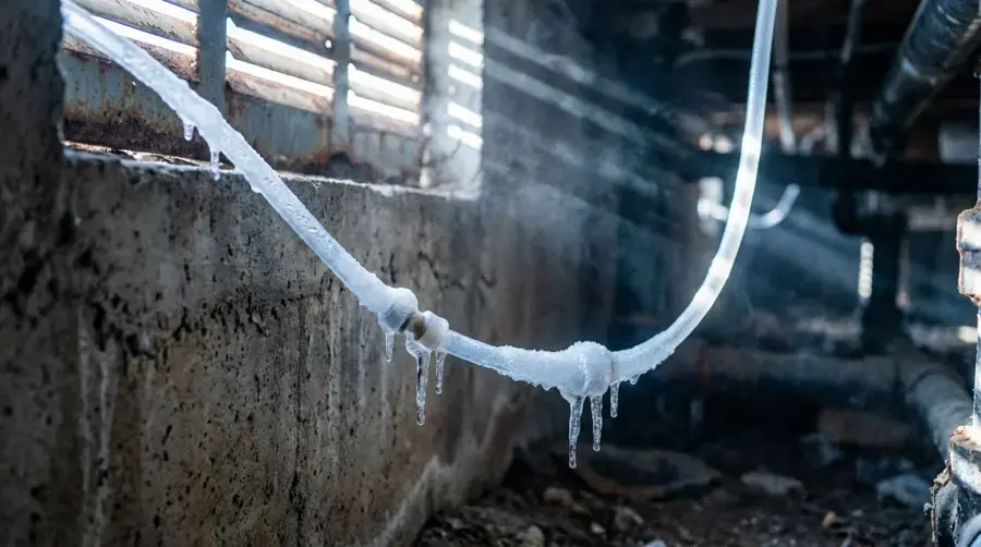 Frost and ice built up on a water pipe along a cold foundation wall during a Blue Springs hard freeze