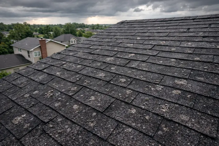 Hail-marked asphalt shingles on a Blue Springs roof under a stormy sky
