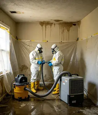Technicians in protective suits extracting a sewage backup inside plastic containment in Blue Springs
