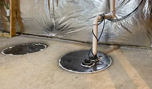 Sump pit and pump discharge pipe in the corner of a Blue Springs basement